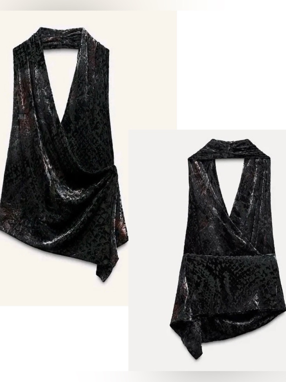 ZARA Burnout Velvet Halter Top Black Draped Open Back Size Small
